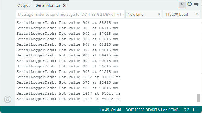 ESP32 avec une tâche Freertos qui imprime les données du moniteur en série - démonstration