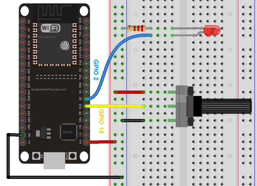 ESP32 connecté à une LED et à un potentiomètre