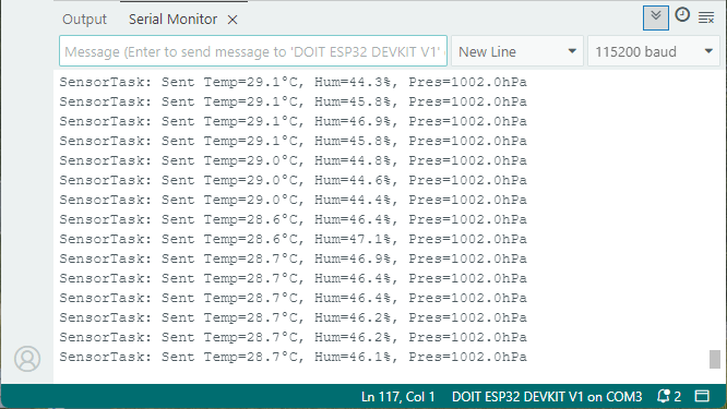 Tâche de capteur ESP32 (Freertos) affichée sur le moniteur en série toutes les deux secondes