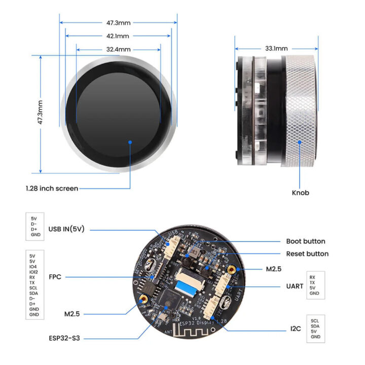 Crowpanel dimension d'affichage rotatif de 1,28 pouce et aperçu du matériel
