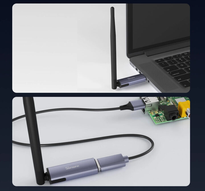 Sonoff Dongle plus MG24 connecté à un ordinateur portable et à une framboise PI SBC