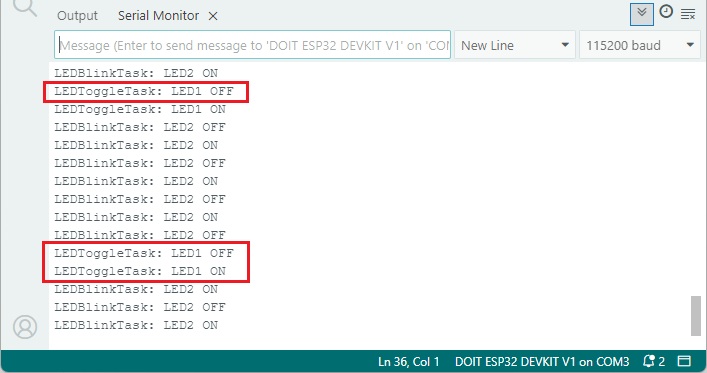 Exemple de sémaphore binaire ESP32 - Démonstration du moniteur série
