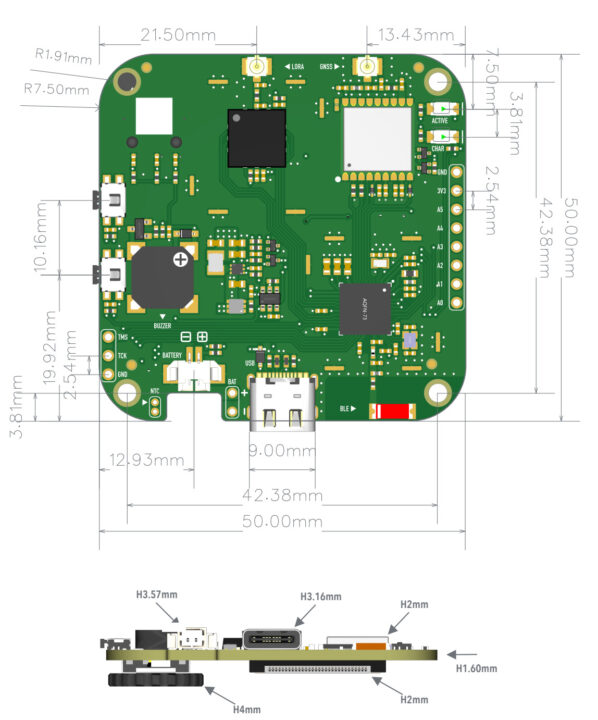 Dimensions de la carte de commande FoBE IDEA Mesh Tracker C1