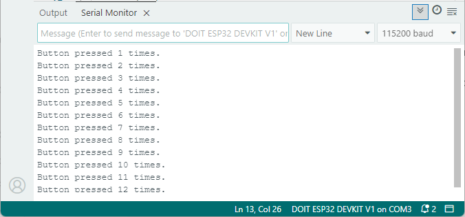 ESP32 : détection des pressions sur un bouton-poussoir avec interruption avec anti-rebond - résultats sur le moniteur série