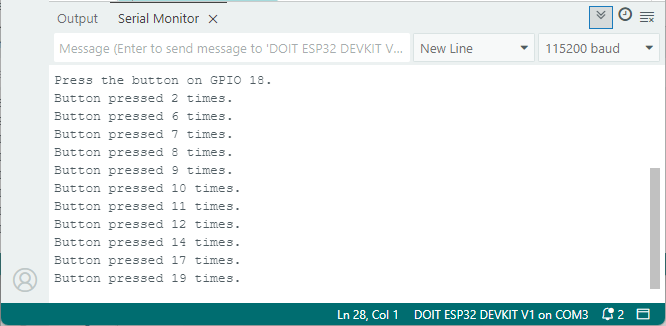 ESP32 : détection des pressions sur un bouton-poussoir avec interruption sans anti-rebond - résultats sur le moniteur série