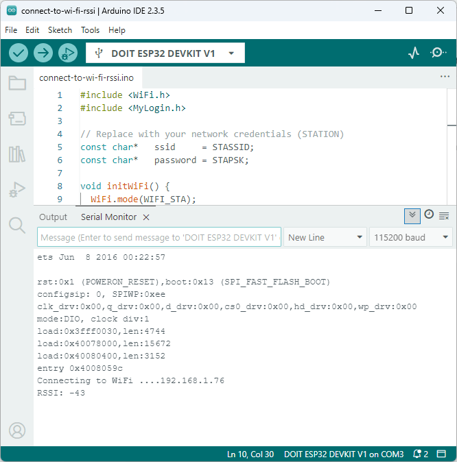L'ESP32 se connecte au Wi-Fi et imprime le RSSI dans le moniteur série