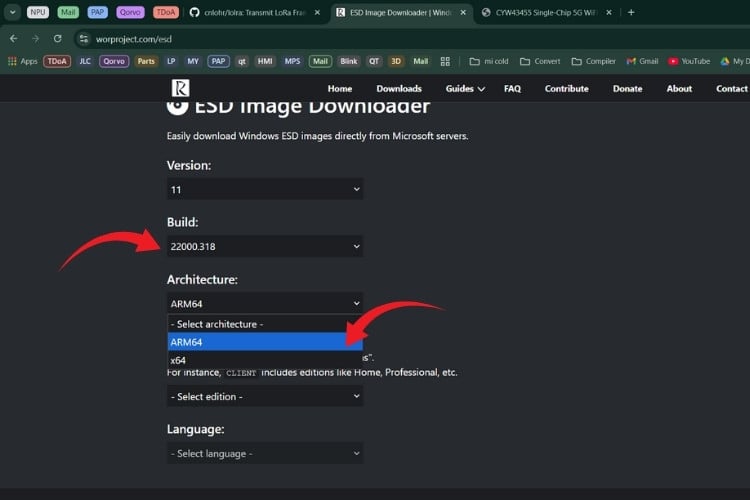 Sélection de l'architecture ARM64 dans le téléchargeur ESD Windows 11 pour la compatibilité Raspberry Pi 4 et Pi 5