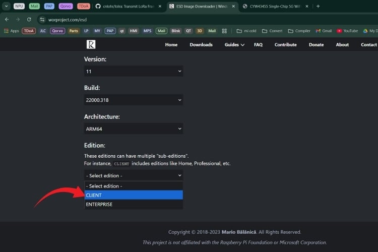 Sélection de l'édition ARM64 de Windows 11 Home Client pour l'installation de Raspberry Pi