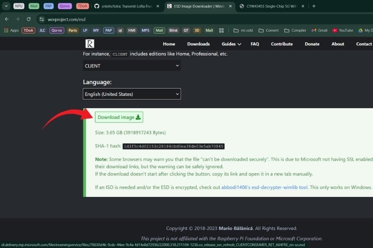 Téléchargement du package ESD Windows 11 ARM64 à partir des serveurs Microsoft pour l'installation de Raspberry Pi
