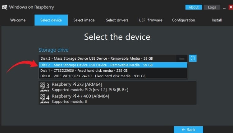 Sélection du périphérique de stockage (microSD ou SSD) pour l'installation de Windows 11 sur Raspberry Pi