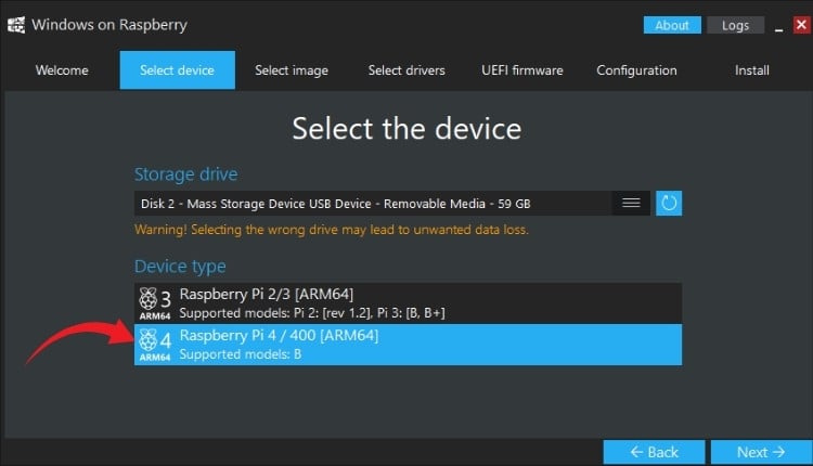 Sélection du type de périphérique Raspberry Pi correct dans WoR Imager pour l'installation de Windows 11 ARM