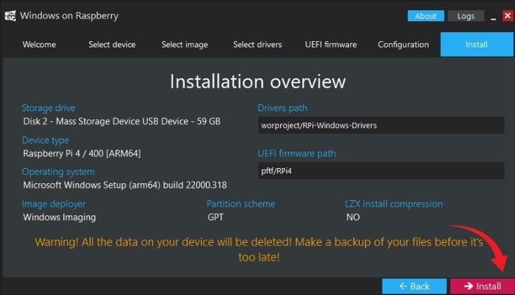 Présentation de l'installation de WoR Imager montrant tous les paramètres avant de flasher Windows 11 sur Raspberry Pi