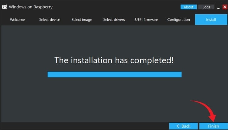Écran de réussite de WoR Imager après avoir terminé l'installation de Windows 11 ARM sur Raspberry Pi