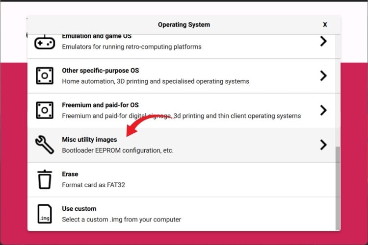 Navigation vers diverses images d'utilitaires dans Raspberry Pi Imager pour la sélection du chargeur de démarrage