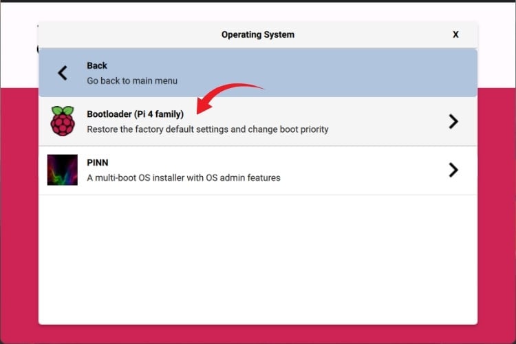 Sélection de l'utilitaire de démarrage dans Raspberry Pi Imager pour la mise à jour du micrologiciel