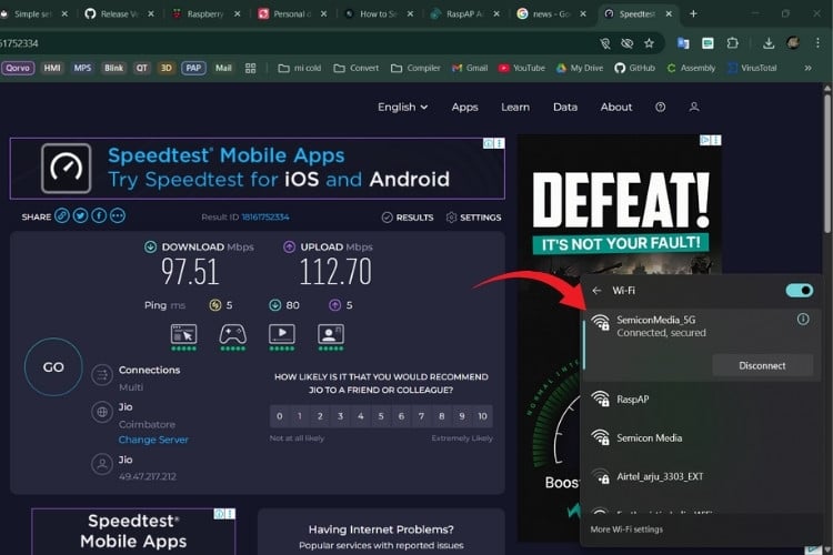 Résultats du test de vitesse WiFi pour la configuration du routeur sans fil Raspberry Pi