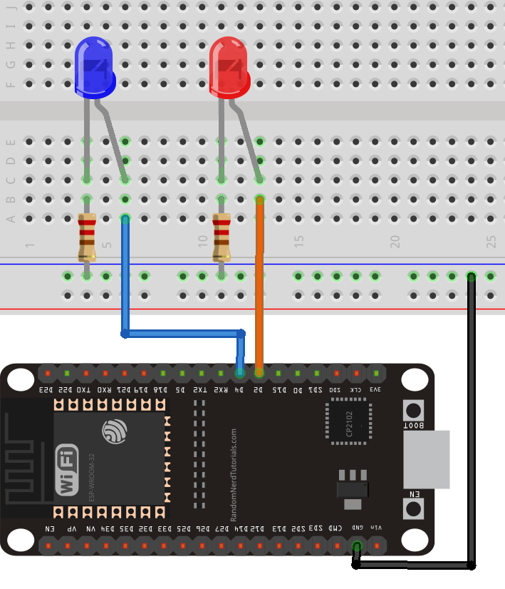 Schéma de circuit d'un ESP32 connecté à GPIO 2 et GPIO 4
