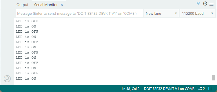 Moniteur série affichant l'état actuel d'une LED - test des minuteries périodiques FreeRTOS