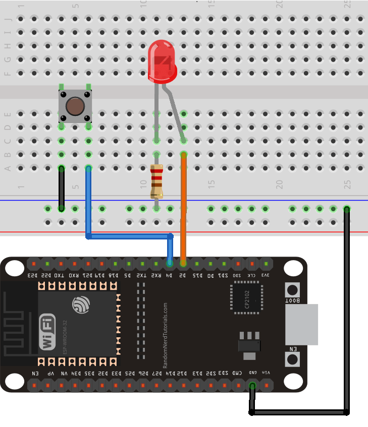 ESP32 connecté à un bouton poussoir et une LED - schéma électrique