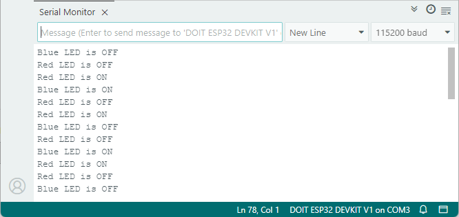 Moniteur série affichant l'état de deux LED différentes - testant plusieurs minuteries FreeRTOS avec l'ESP32