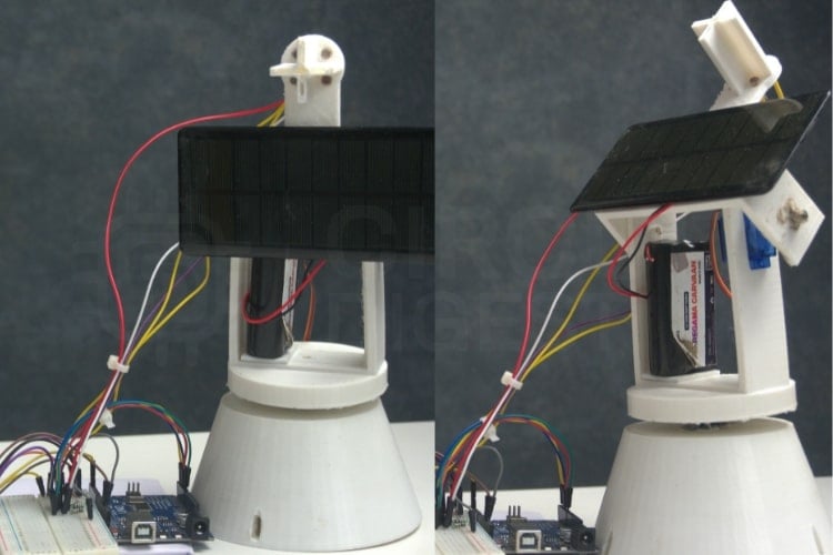 Système de suivi solaire à deux axes utilisant Arduino 8 Configuration complète du système de suivi solaire à deux axes montrant Arduino UNO, les servos, les capteurs LDR et le panneau solaire