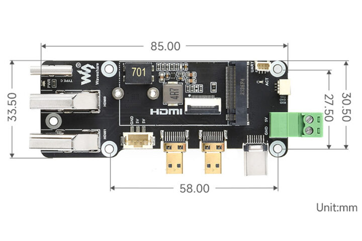 Dimensions de l'adaptateur multifonctionnel PCIe vers M.2