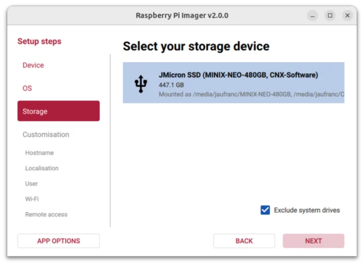 Sélection de stockage Raspberry Pi Imager 2.0