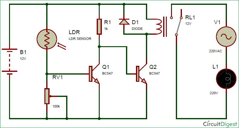 Circuit de controleur automatique de lampadaire utilisant LDR et relais