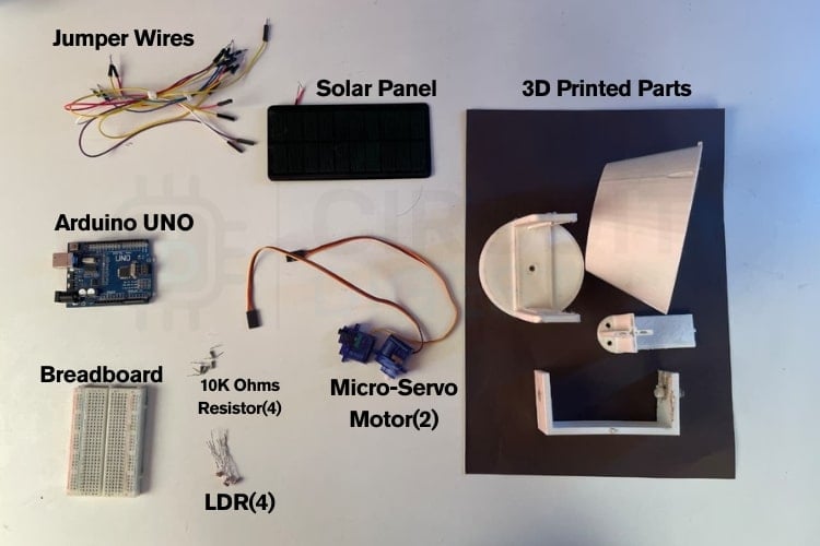 Système de suivi solaire à deux axes utilisant Arduino 2 Composants utilisés dans le système de suivi solaire à deux axes, notamment Arduino UNO, capteurs LDR, servomoteurs et panneau solaire