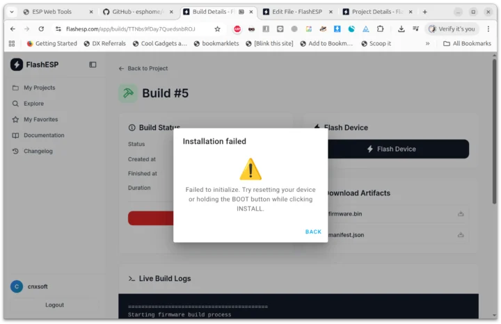 L'installation de FlashESP a échoué