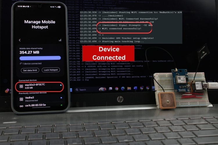 Le tracker GPS XIAO ESP32-S3 s'est connecté avec succès au point d'accès mobile affichant l'état du Wi-Fi