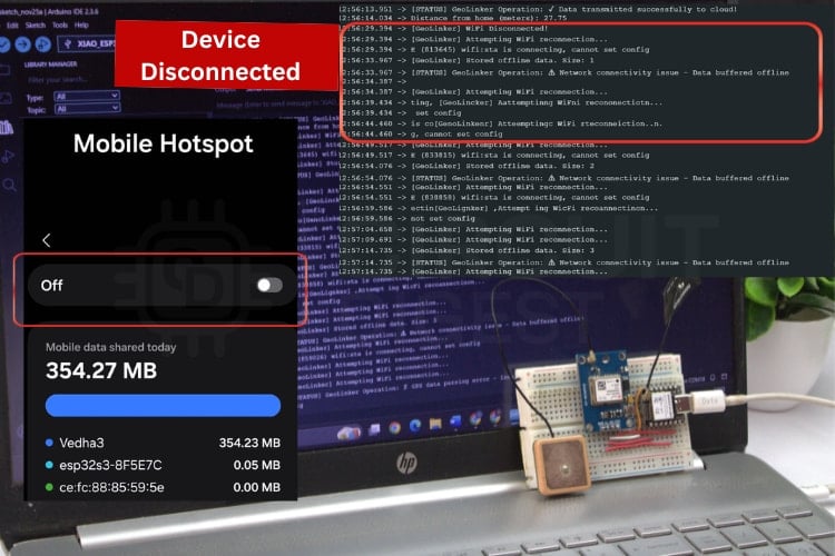 Mode hors ligne du traceur GPS affichant la mise en mémoire tampon des données locales lorsque la connexion Wi-Fi est perdue