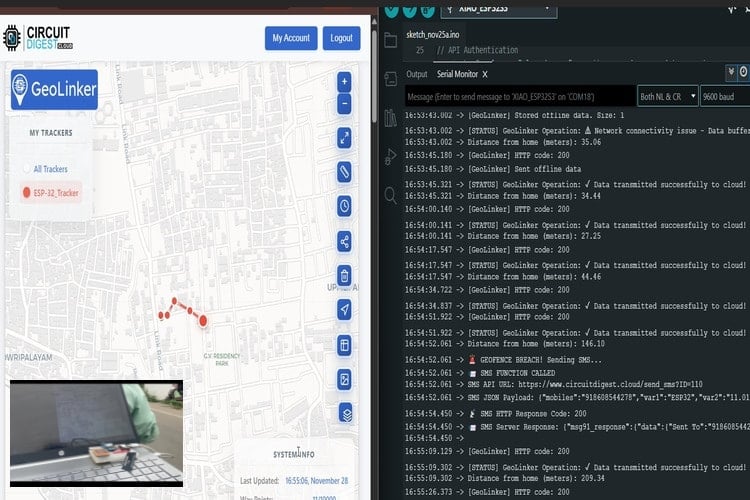 Interface cartographique GeoLinker affichant les données de suivi GPS en temps réel avec historique des itinéraires