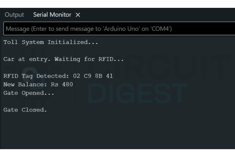 Moniteur série montrant l'authentification RFID réussie, la déduction du solde et l'ouverture automatique du péage dans le projet Arduino