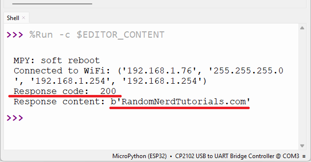 Résultat de la requête HTTP GET avec l'ESP32 sur la console Thonny IDE