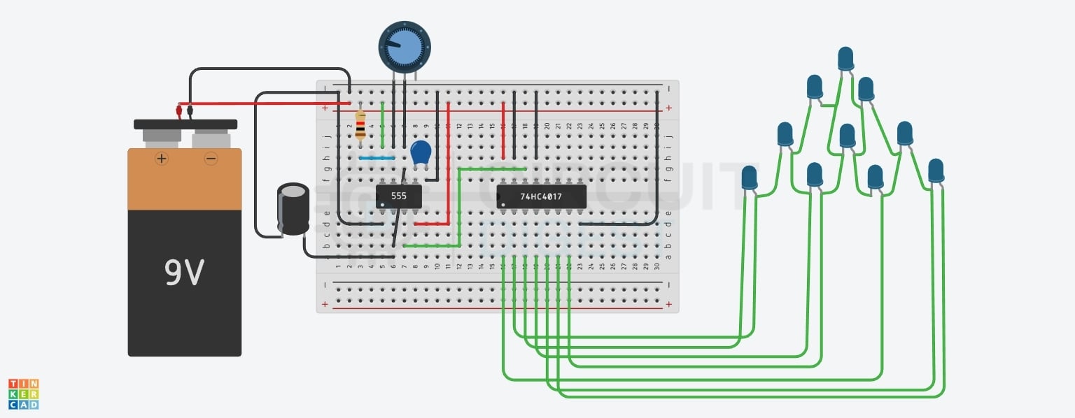 Schéma complet du circuit du chasseur de LED utilisant un circuit intégré de minuterie 555 et un CD4017