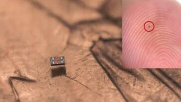 The M3 (Michigan Micro Mote) computer shown on a fingertip for scale