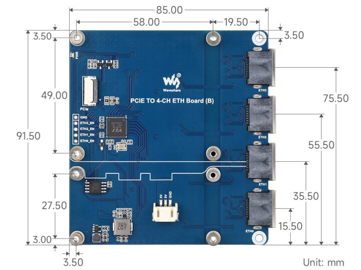 Dimensions de la carte Waveshare PCIe vers 4 canaux Gigabit ETH (B)