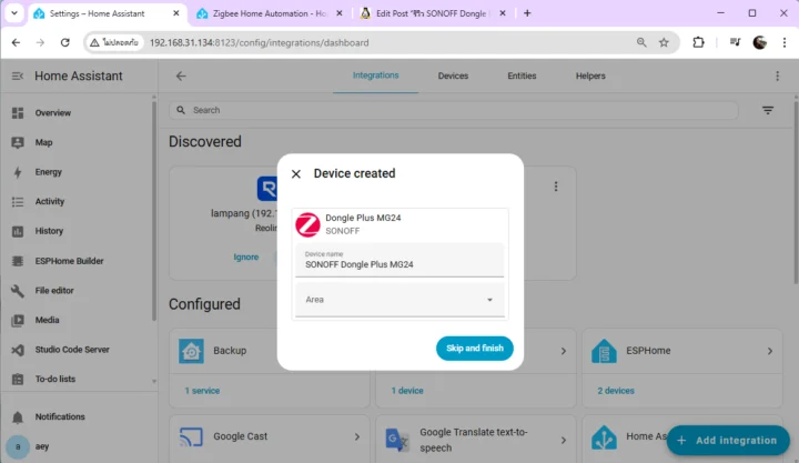 Home Assistant ajoute SONOFF Dongle Plus MG24