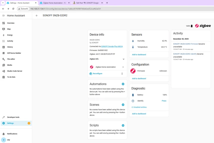 SONOFF Dongle Plus MG24 avec assistant domestique AirGuard TH