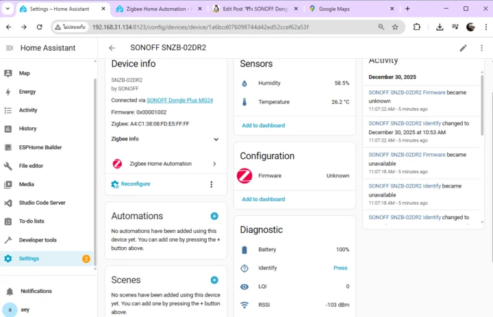 SONOFF SNZB-02DR2 Connectez-vous via Dongle Plus MG24 RSSI LQI