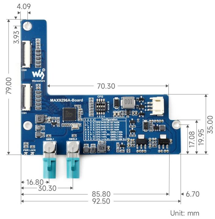 Dimensions de la carte adaptateur de caméra GMSL 2 canaux