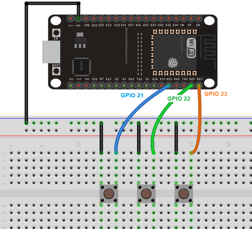 MicroPython : ESP-NOW avec ESP32 (un à plusieurs) 8 ESP32 connecté à trois boutons-poussoirs - schéma de circuit