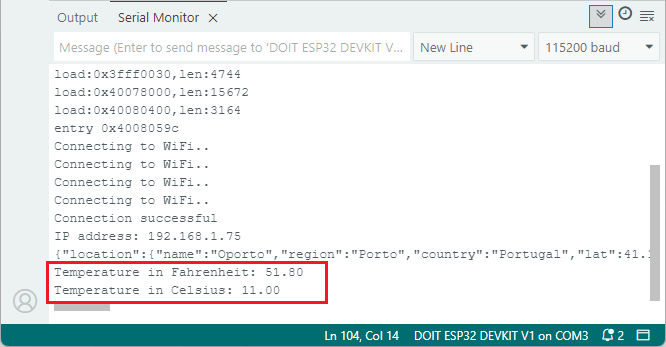 Obtenir la température de l'API - ESP32 - Moniteur série
