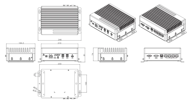 Dimensions de l'ordinateur AAEON BOXER-8742AI Jetson Thor T4000