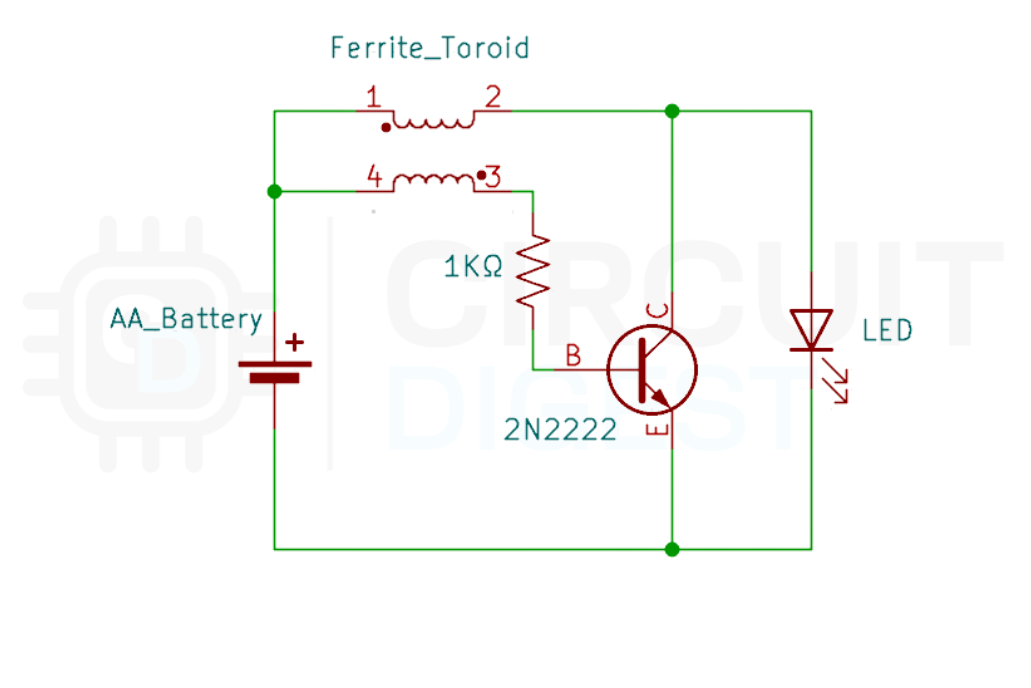 Schéma de circuit Joule Thief montrant les enroulements toroïdaux, le transistor NPN, la résistance et les connexions LED