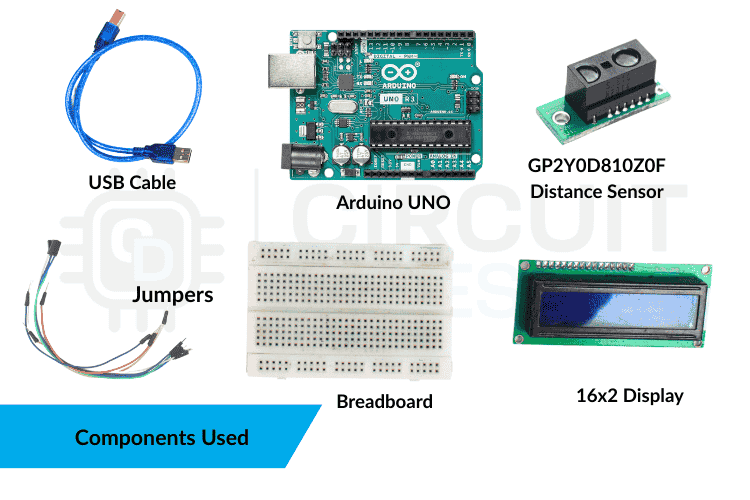 Tous les composants requis pour interfacer le capteur de distance GP2Y0D80Z0F avec Arduino Uno, y compris le module de capteur, l'écran LCD et le câblage.