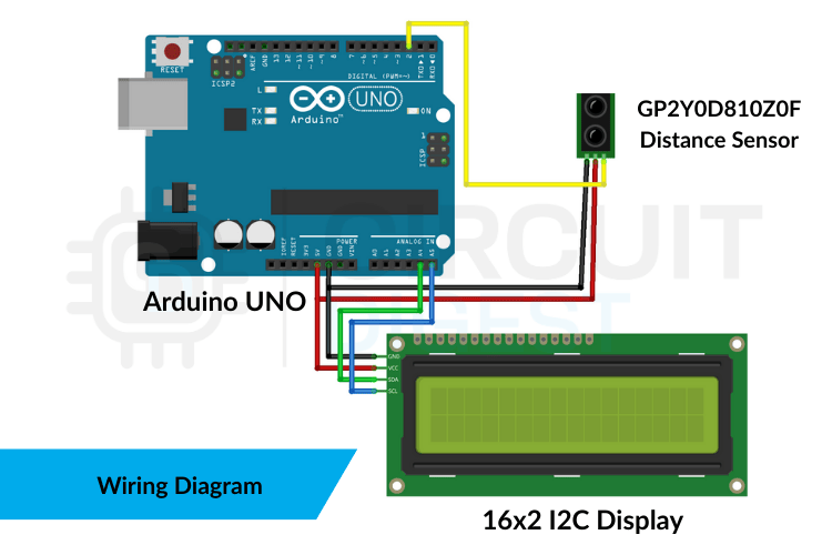 Schéma de câblage complet montrant les connexions du capteur de distance GP2Y0D80Z0F à Arduino Uno avec écran LCD I2C