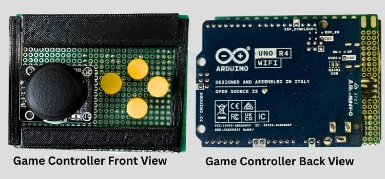Configuration matérielle du contrôleur de jeu DIY Arduino montrant les composants assemblés sur veroboard avec Arduino Uno R4, module joystick et boutons poussoirs