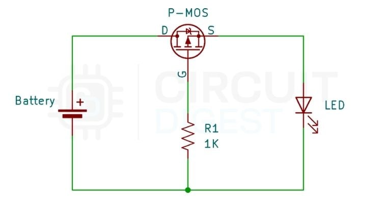 Schéma du circuit de protection contre l'inversion de polarité MOSFET à canal P Circuit de protection contre l'inversion de polarité MOSFET canal P — IRF9710 avec résistance d'abaissement de grille et diode de blocage 1N4007. VGS contrôle la mise en marche automatiquement en fonction de la polarité de l'alimentation.